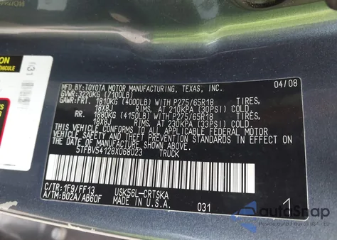 2008 Toyota Tundra Sr5 5.7L V8 z USA, uszkodzony, nr VIN 5TFBV54128X068023